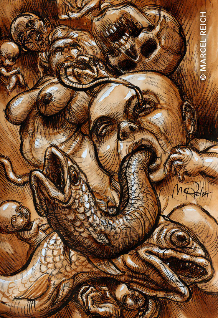 Detailed ink-watercolor artwork of chaotic, twisting human and fish figures swirling in an enigmatic, evolutionary vortex.