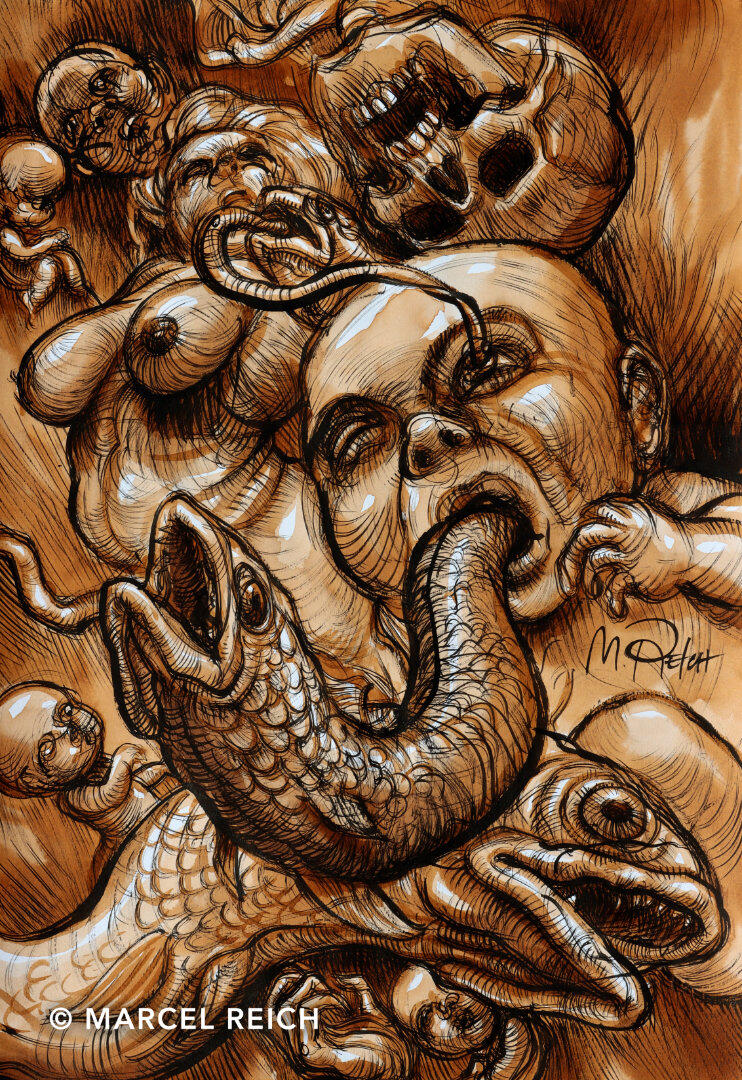 Detailed ink-watercolor artwork of chaotic, twisting human and fish figures swirling in an enigmatic, evolutionary vortex.