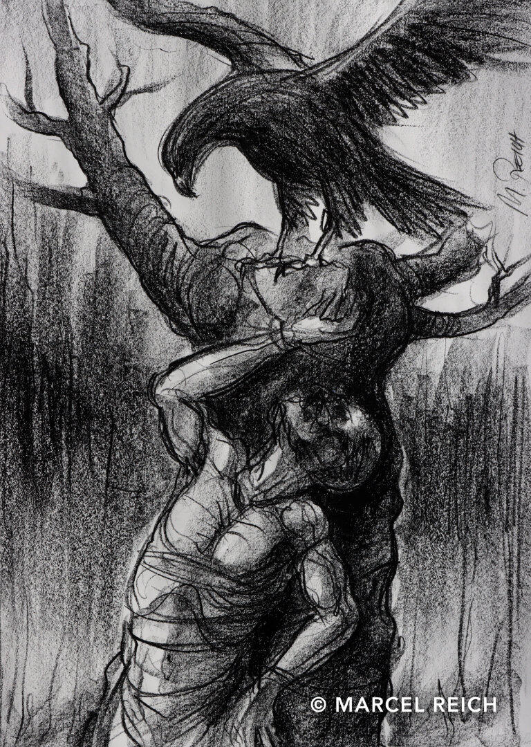 Grainy black and white oil pastel scene of a tied figure on a bare tree with a large black bird, conveying an ambiguous salvation.