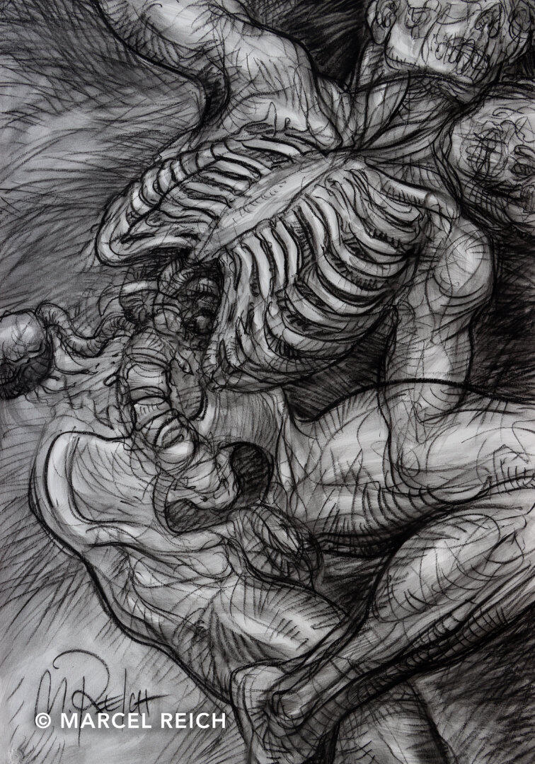 Large oil pastel artwork of a dynamic, dance-like twisting figure, half-fleshed and half-skeleton, with dual faces.