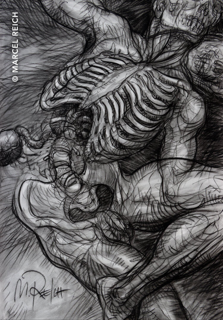 Large oil pastel artwork of a dynamic, dance-like twisting figure, half-fleshed and half-skeleton, with dual faces.