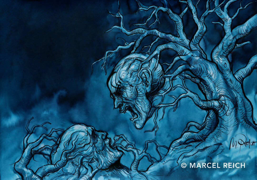 Dark blue watercolor painting of a giant, screaming head in tree branches, facing a frightened head in roots on the ground.