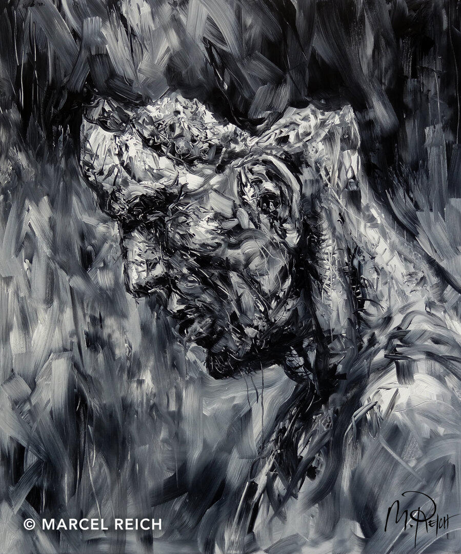 An expressive, surrealist black and white oil painting of a man with a fractured, breaking head.