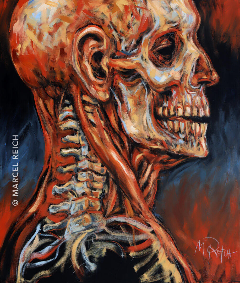 Large-scale oil profile portrait of a skinless, muscular head with visible bone structure, conveying vulnerability.