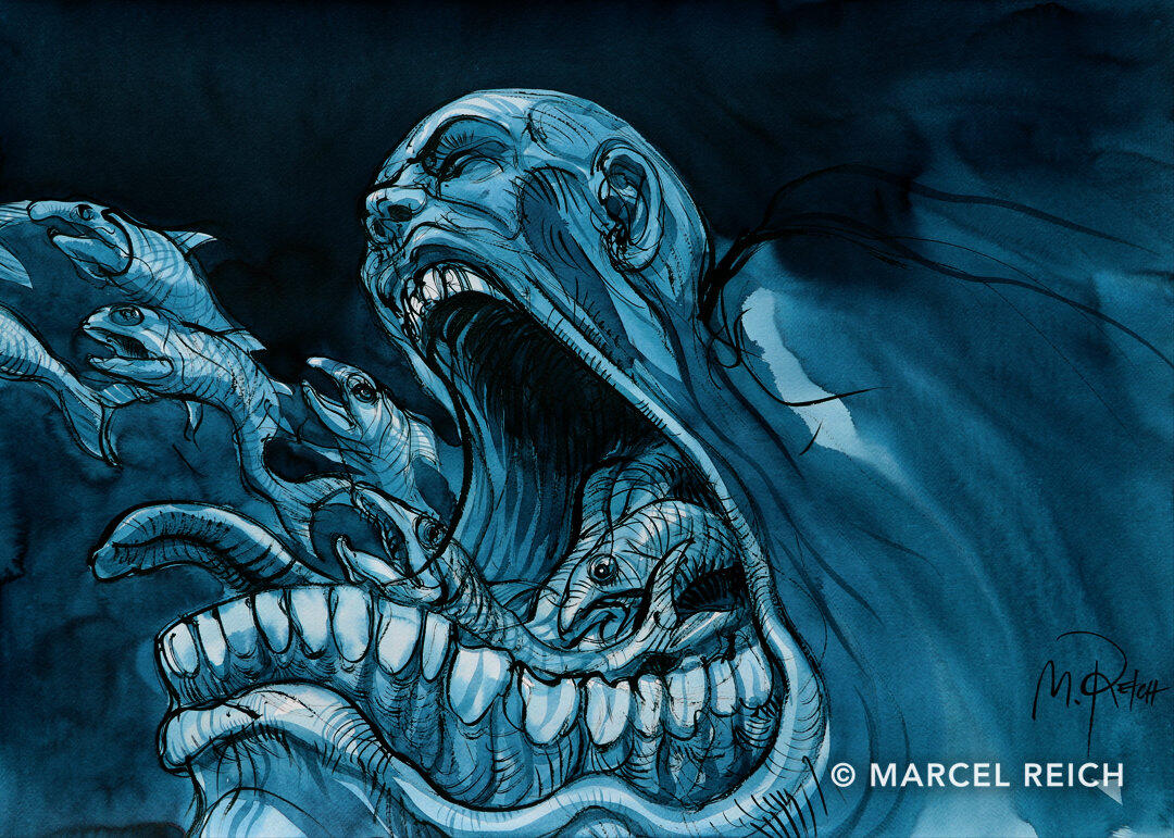Blue ink painting of a face releasing a swarm of fish from its mouth, evoking an isolated and unheard panicking cry.