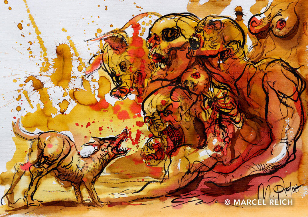 Fiery red and ochre ink painting of a wave of merged humans, a pig, and a monster, advancing on a defiant, barking canine.