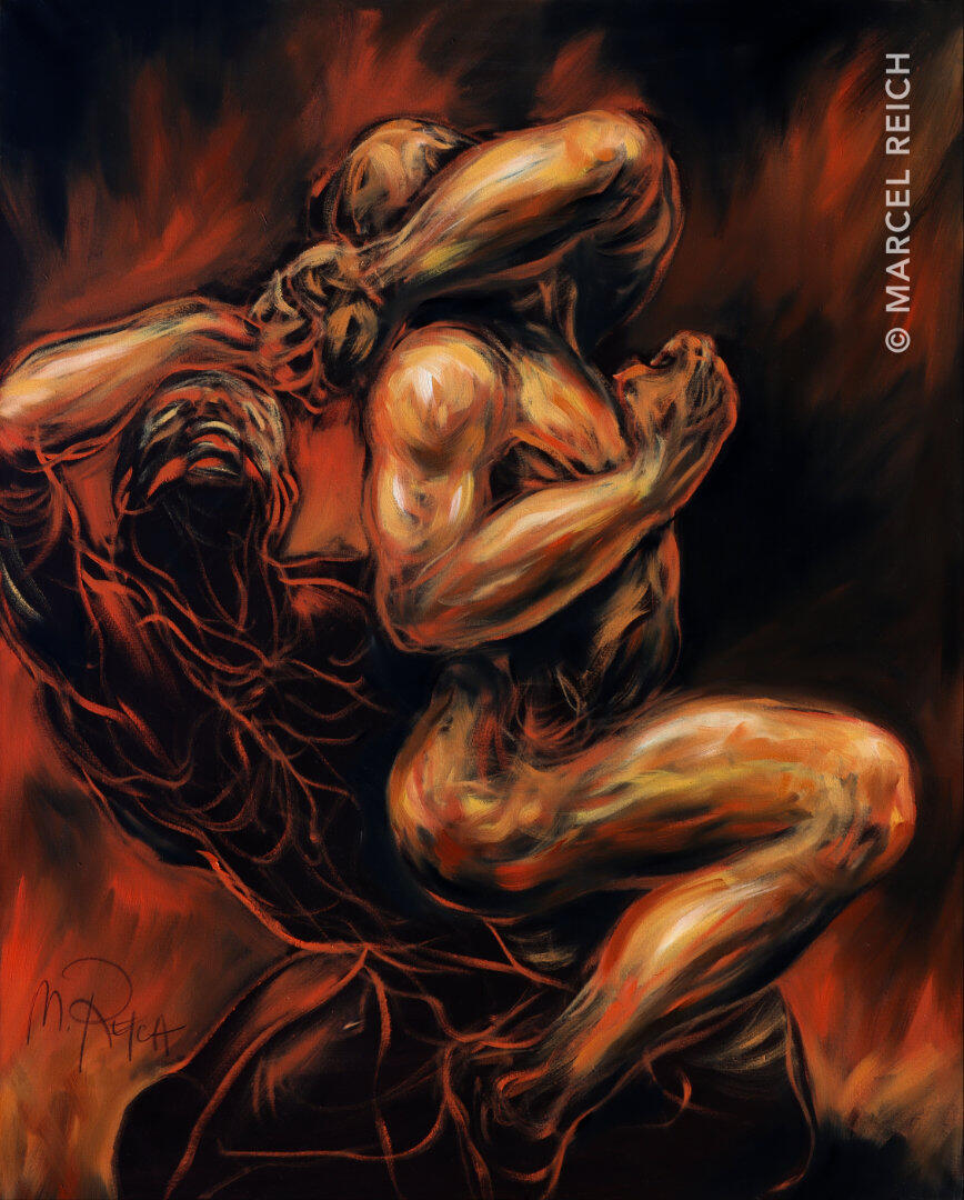 Large-scale oil painting of two desperate figures shielding their faces, engulfed in dark tones and a fiery red glow.