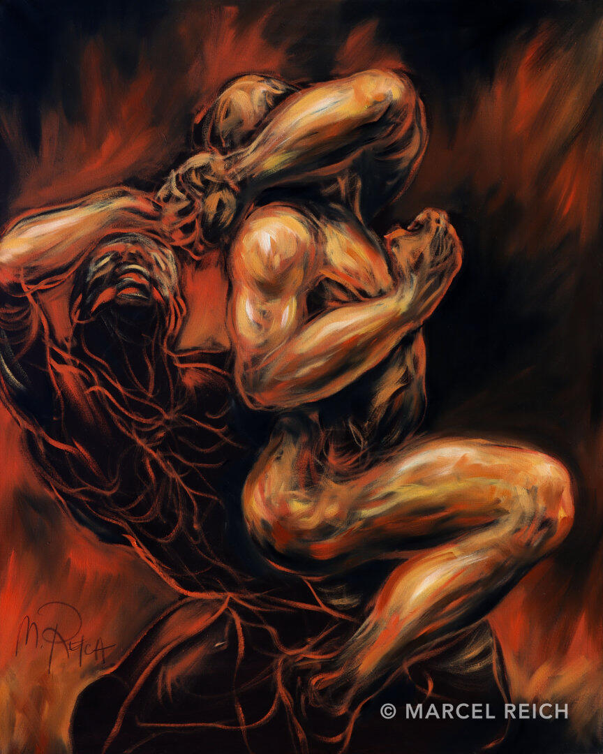 Large-scale oil painting of two desperate figures shielding their faces, engulfed in dark tones and a fiery red glow.