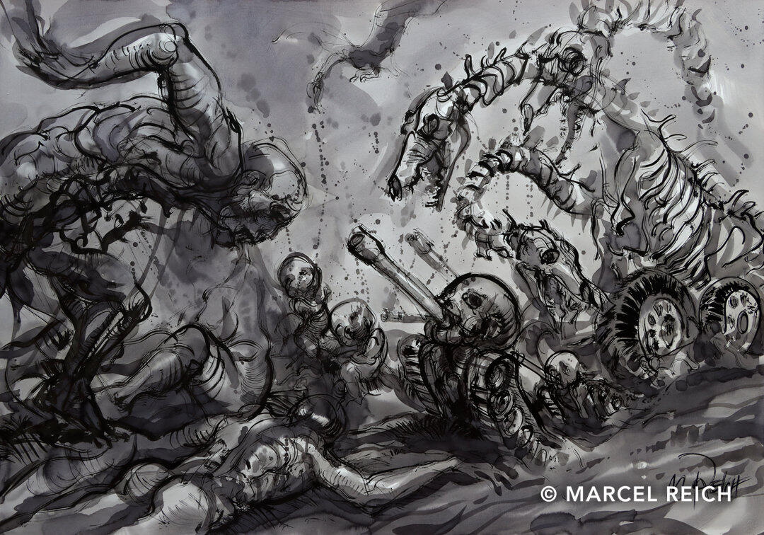 Epic large ink battle painting in black and white of a surreal war with human-machine tanks and giant dinosaur-like skeletons.