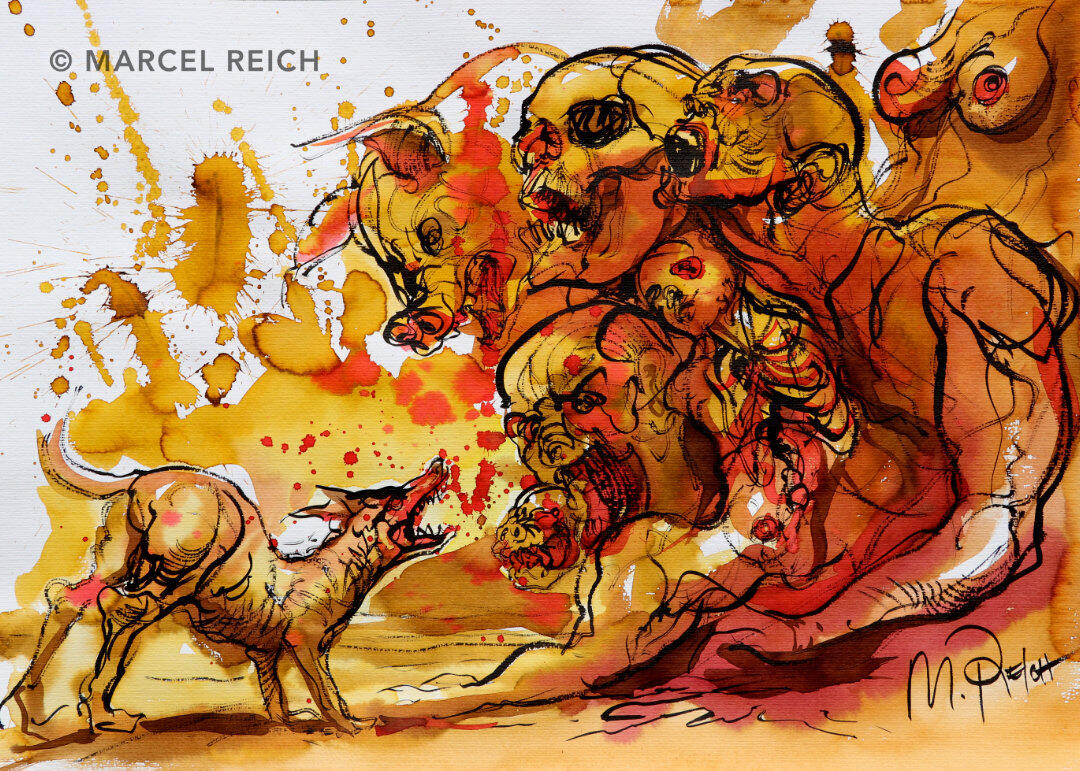 Fiery red and ochre ink painting of a wave of merged humans, a pig, and a monster, advancing on a defiant, barking canine.