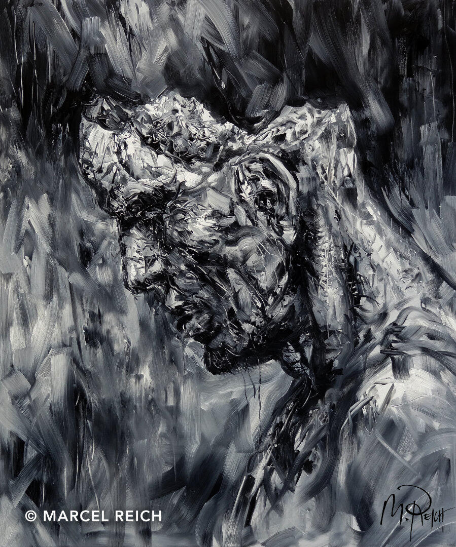 An expressive, surrealist black and white oil painting of a man with a fractured, breaking head.