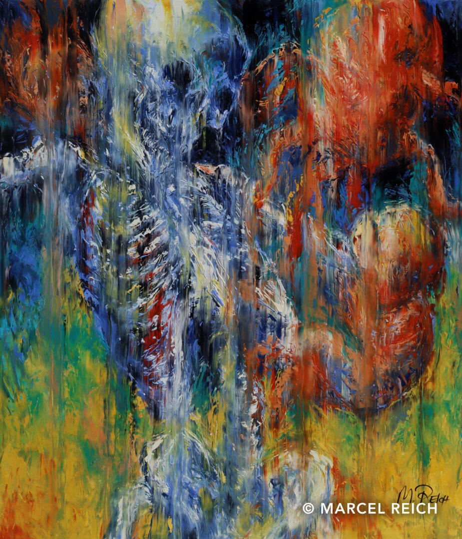 Large-scale oil painting of a screaming skeleton and an enigmatic life form, both dissolving into vertical flowing colors.