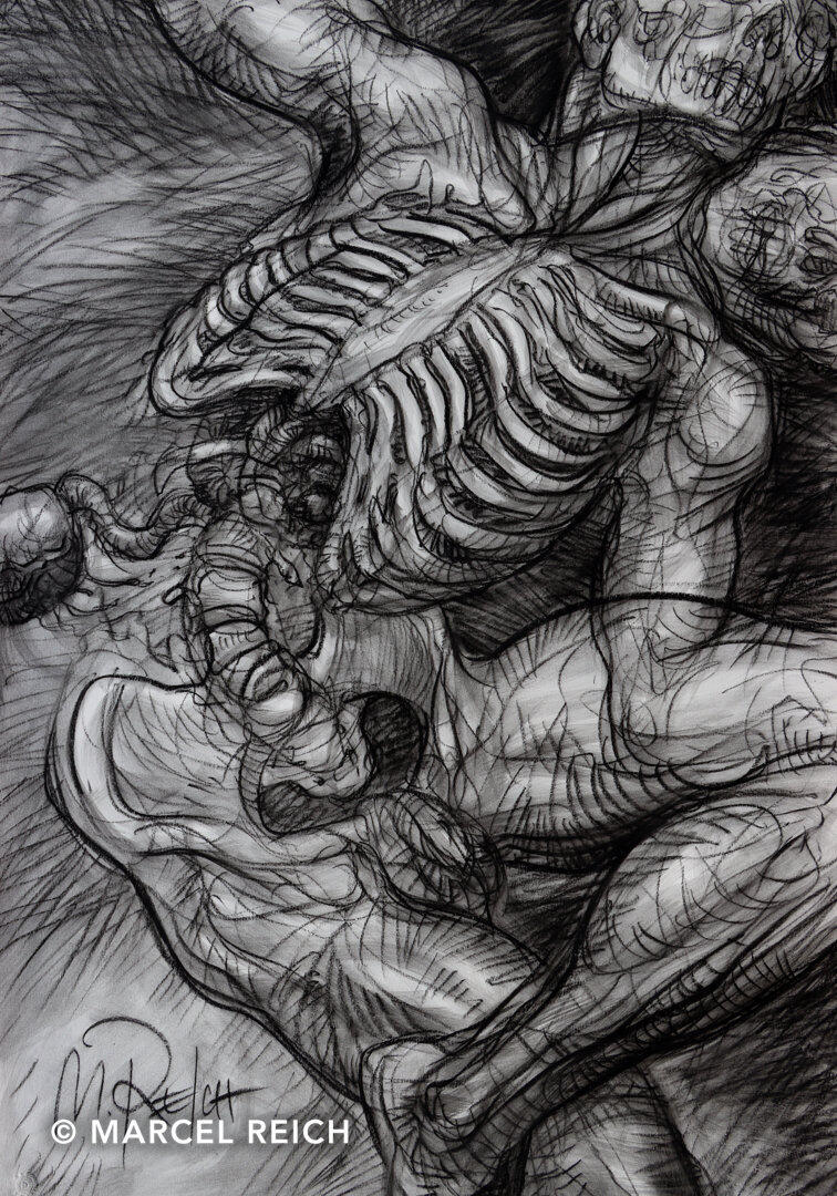 Large oil pastel artwork of a dynamic, dance-like twisting figure, half-fleshed and half-skeleton, with dual faces.