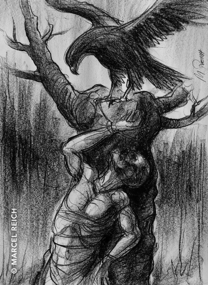 Grainy black and white oil pastel scene of a tied figure on a bare tree with a large black bird, conveying an ambiguous salvation.