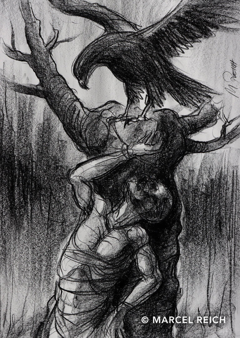 Grainy black and white oil pastel scene of a tied figure on a bare tree with a large black bird, conveying an ambiguous salvation.