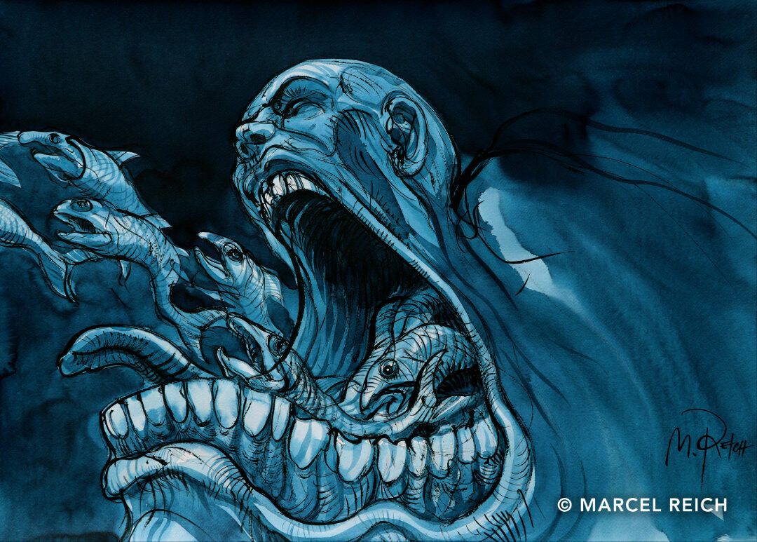 Blue ink painting of a face releasing a swarm of fish from its mouth, evoking an isolated and unheard panicking cry.