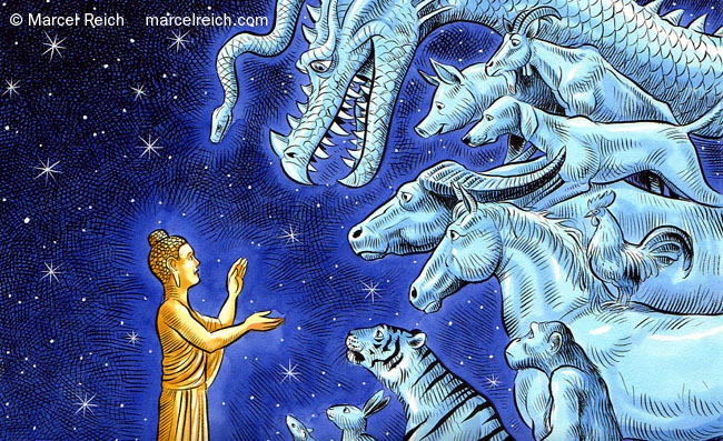 Buddha und die Tiere. Illustration zu einem Artikel über den chinesischen Zyklus der Tierkreise in der Magazin-Beilage der Schweizer Zeitung 